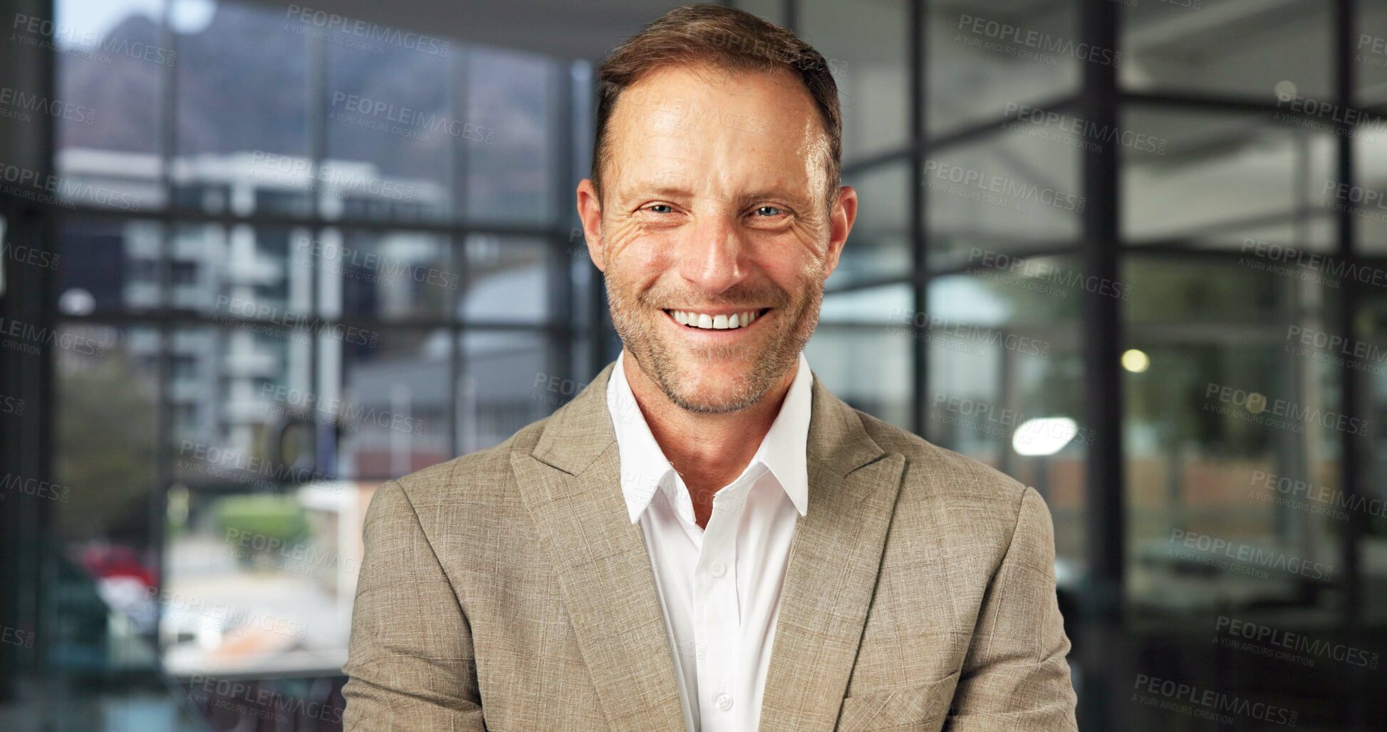 Buy stock photo Laugh, portrait and business man in office for finance consultant, about us and investment advisor. Corporate, professional and mature person with happiness for financial career, ambition and pride