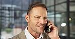 Happy, office and business man with phone call, finance advice and update for investment client. Corporate, mature and person on cellphone for communication, contact and chat for financial consulting