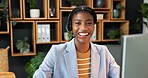 Headset, portrait and black woman in office for financial advice, online consulting and contact us. Happy, smile and business person on computer for virtual assistance, investment and loan support