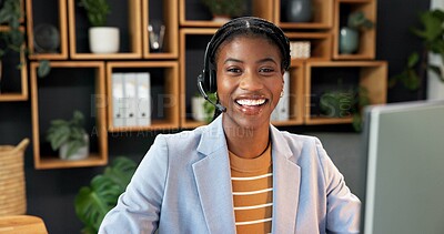 Buy stock photo Headset, portrait and black woman in office for financial advice, online consulting and contact us. Happy, smile and business person on computer for virtual assistance, investment and loan support