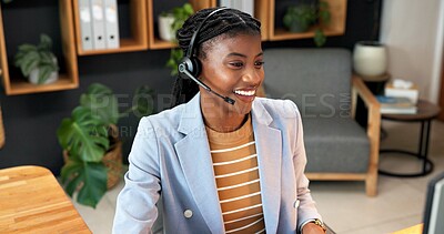 Buy stock photo Smile, sales and woman in call center with computer, lead generation or outbound marketing. Happy, telemarketing consultant and black person with tech in office for telesales, telecom or cold email