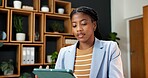 Business, black woman and realtor in office with tablet, research and email for viewing schedule. Person, review or scroll in workplace with tech, buyer inquiry and pricing property for auction offer