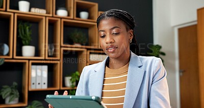 Buy stock photo Business, black woman and realtor in office with tablet, research and email for viewing schedule. Person, review or scroll in workplace with tech, buyer inquiry and pricing property for auction offer