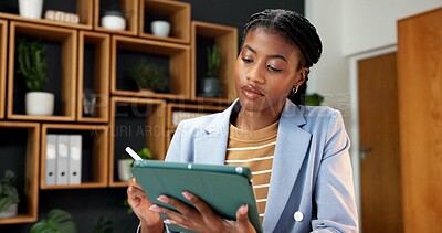 Buy stock photo Business, black woman and reading in office with tablet, research and email for viewing schedule. Person, realtor and review in workplace with tech, buyer inquiry and pricing report for auction offer
