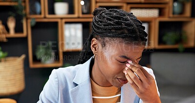 Buy stock photo Office, business and woman with headache, strain and burnout for pressure, deadline and crisis. Creative agency, stress and African person with migraine, pain and fatigue for brand management career