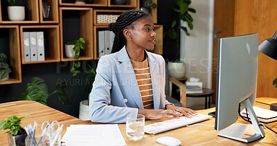Buy stock photo Business, black woman and typing in office with computer, research and email for viewing schedule. Smile, realtor or reading in workplace with pc, buyer inquiry and pricing property for auction offer