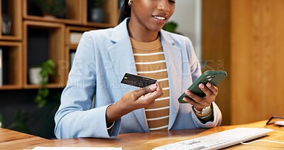 Buy stock photo Hand, phone and business woman in office with credit card, transaction and settlement of bills. Happy, female person and typing in workplace with tech, company expense and app for online payment