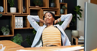 Buy stock photo Break, relax and business woman in office for productivity, complete project and finish target. Calm, black person and resting at work with easy task, peace and stretching for deadline freedom