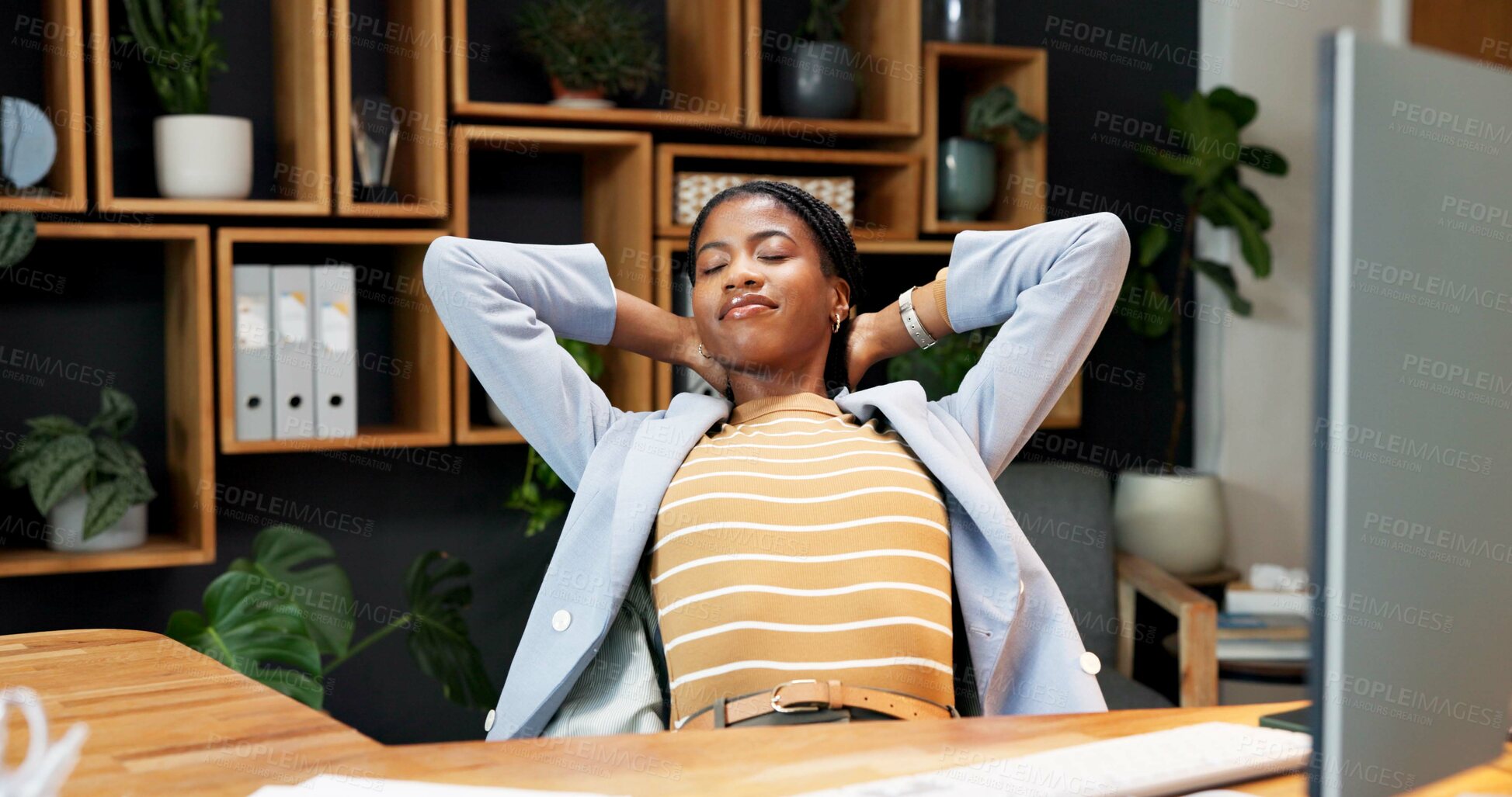 Buy stock photo Break, relax and business woman in office for productivity, complete project and finish target. Calm, black person and resting at work with easy task, peace and stretching for deadline freedom
