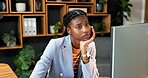 Bored, thinking and computer with business black woman for reflection, tired and accounting burnout. Portfolio fatigue, overworked and brain fog with employee in agency for procrastination and vision