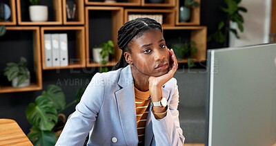 Buy stock photo Bored, thinking and computer with business black woman for reflection, tired and accounting burnout. Portfolio fatigue, overworked and brain fog with employee in agency for procrastination and vision