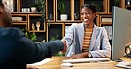 Shaking hands, woman and welcome in office for interview, recruitment and human resources agreement. Happy people, handshake and hiring with job offer, opportunity and smile for onboarding process