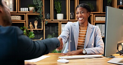 Buy stock photo Shaking hands, woman and welcome in office for interview, recruitment and human resources agreement. Happy people, handshake and hiring with job offer, opportunity and smile for onboarding process