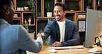 Handshake, man and welcome in office for interview, recruitment and human resources agreement. Happy people, shaking hands and hiring with job offer, opportunity and smile for onboarding process