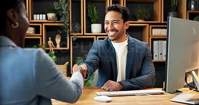 Buy stock photo Handshake, man and welcome in office for interview, recruitment and human resources agreement. Happy people, shaking hands and hiring with job offer, opportunity and smile for onboarding process
