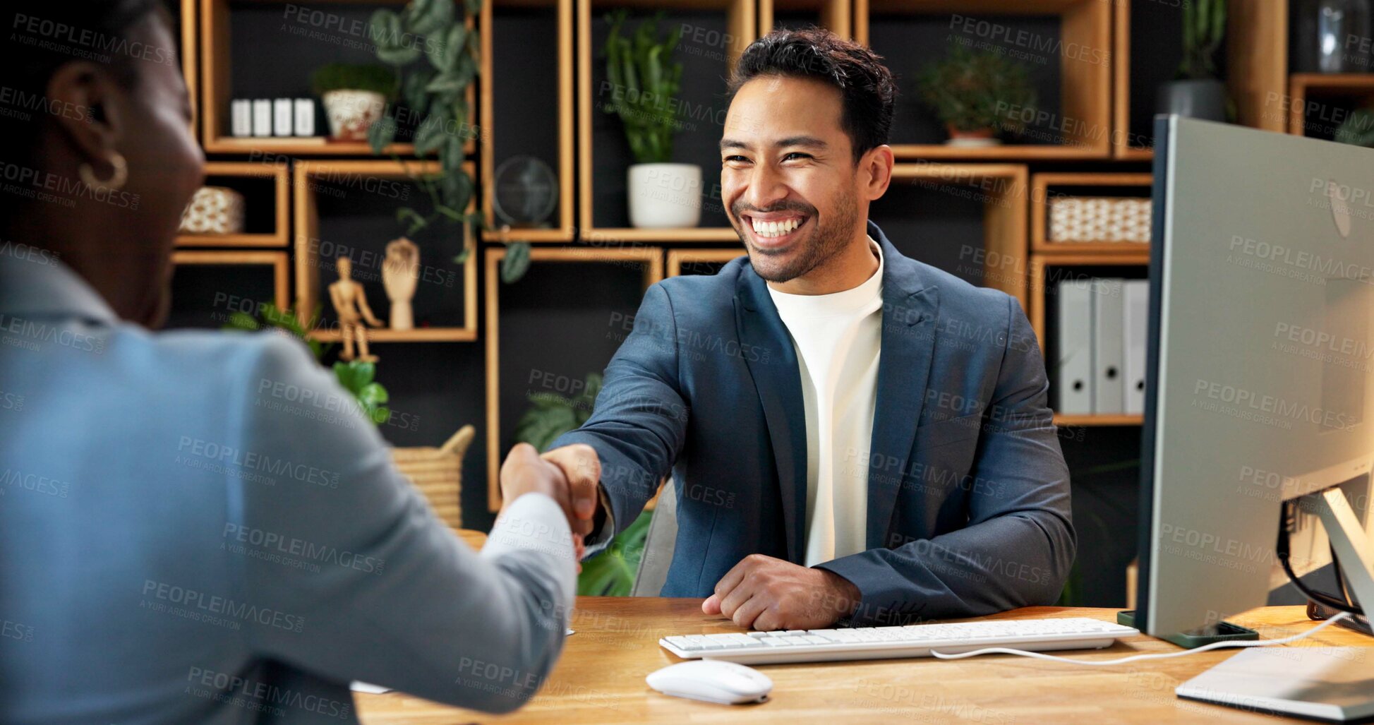 Buy stock photo Handshake, man and welcome in office for interview, recruitment and human resources agreement. Happy people, shaking hands and hiring with job offer, opportunity and smile for onboarding process