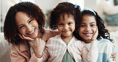 Buy stock photo Smile, mother and children in home with care, trust and connection with portrait of daughters. Happy girls, sisters and parent in lounge with family support for love, motherhood or relax together