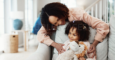 Buy stock photo Smile, mother and playing at house with child, love and fun interaction for bonding together. Woman, embrace or daughter in home with teddy bear, parental care and family connection for weekend break
