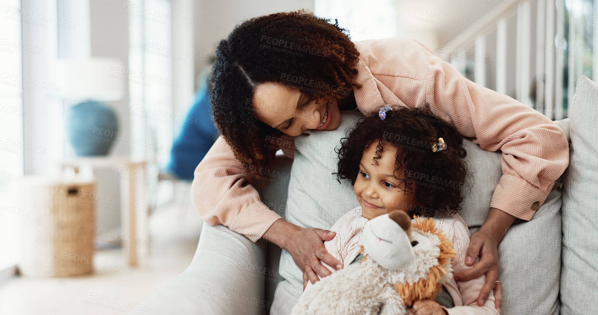Buy stock photo Smile, mother and playing at house with child, love and fun interaction for bonding together. Woman, embrace or daughter in home with teddy bear, parental care and family connection for weekend break