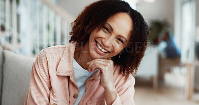 Buy stock photo Portrait, woman and relax in home with smile, peace and calm morning for stress relief. Happy, female person and comfortable in lounge with good mood, me time and chilling on couch for weekend break