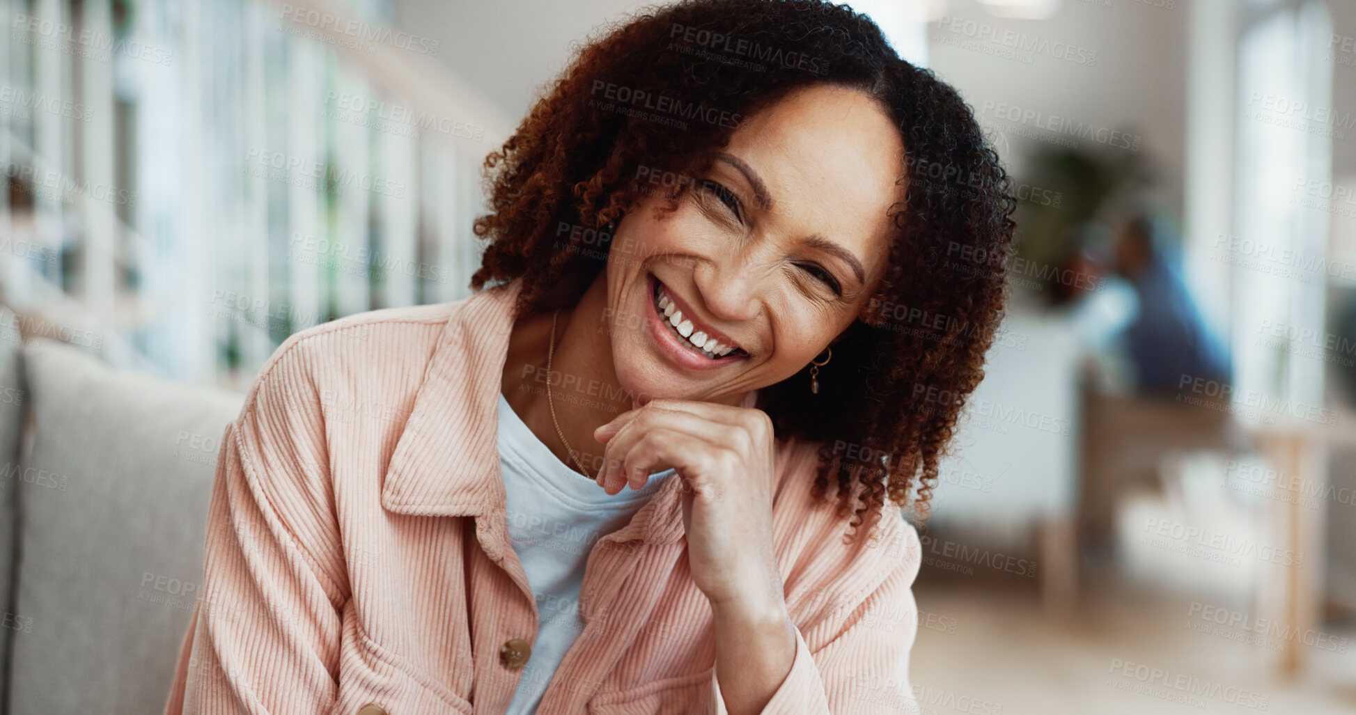 Buy stock photo Portrait, woman and relax in home with smile, peace and calm morning for stress relief. Happy, female person and comfortable in lounge with good mood, me time and chilling on couch for weekend break