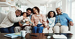 Happy, portrait and sofa with big family in home for bonding, weekend or vacation together. Parents, grandparents or children with smile or love for generation, relaxing holiday or break in house
