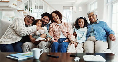 Buy stock photo Happy, portrait and sofa with big family in home for bonding, weekend or vacation together. Parents, grandparents or children with smile or love for generation, relaxing holiday or break in house