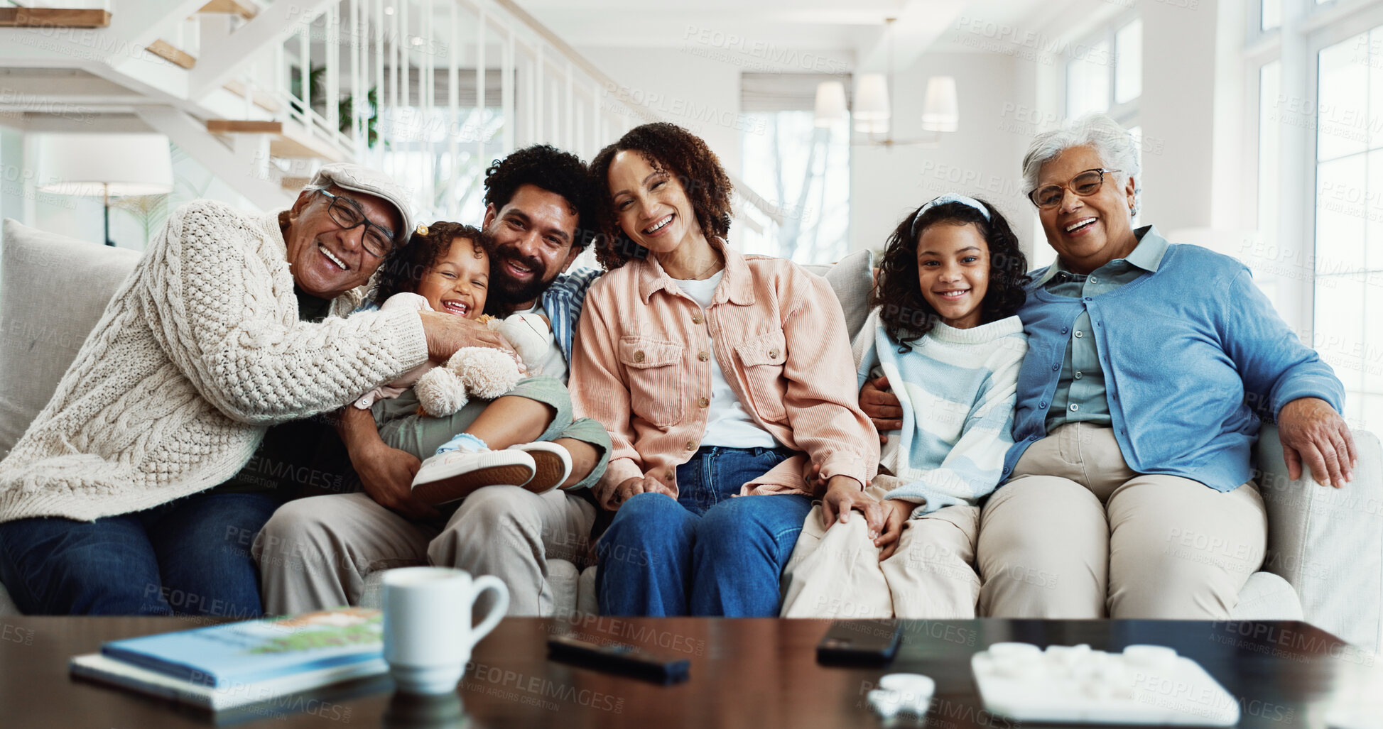 Buy stock photo Happy, portrait and sofa with big family in home for bonding, weekend or vacation together. Parents, grandparents or children with smile or love for generation, relaxing holiday or break in house