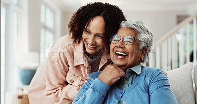 Buy stock photo Family, laugh and woman with senior mother in lounge, love or bonding with daughter on break in home. Happy person, support and affection for elderly parent, together and connection with mom in house