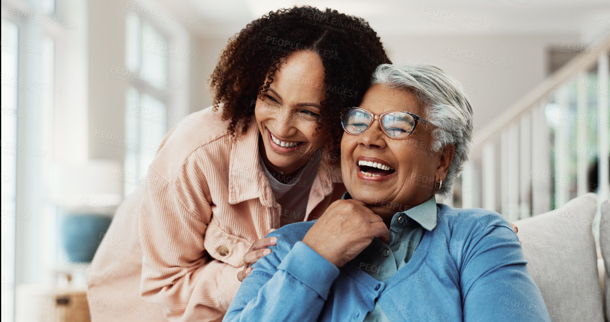 Buy stock photo Family, laugh and woman with senior mother in lounge, love or bonding with daughter on break in home. Happy person, support and affection for elderly parent, together and connection with mom in house