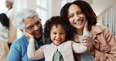 Buy stock photo Smile, portrait and child with grandmother and mother in home for bonding, love and weekend break. Happy, generations and girl kid with mom and senior person for safety in living room at house.