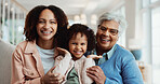 Portrait, grandmother and mother at house with child, love and playful interaction for bonding. Smile, people and generations in lounge with kid, parental care and family connection for weekend break