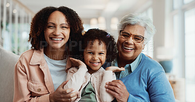 Buy stock photo Portrait, grandmother and mother at house with child, love and playful interaction for bonding. Smile, people and generations in lounge with kid, parental care and family connection for weekend break