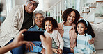 Happy, phone and picture with big family in home for bonding holiday, weekend visit or memory. Grandparents, parent or smile with children for capture moment, generation or photography in house