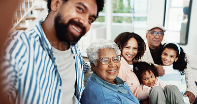 Buy stock photo Happy, picture and selfie with big family in home for bonding holiday, weekend visit or memory. Grandparents, parents or smile with children for capture moment, generation or photography in portrait