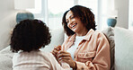 Happy, mother and holding hands at house with child, love and playful interaction for bonding. Smile, woman and playing games in lounge with kid, parental care and family connection for weekend break