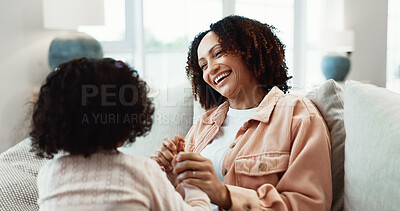 Buy stock photo Happy, mother and holding hands at house with child, love and playful interaction for bonding. Smile, woman and playing games in lounge with kid, parental care and family connection for weekend break