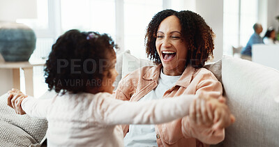 Buy stock photo Mother, playing and holding hands at house with child, love and fun interaction for bonding. Smile, woman or playful games in home with daughter, parental care and family connection for weekend break