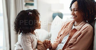 Buy stock photo Smile, mother and holding hands at house with child, love and playful interaction for bonding. Happy, woman and playing games in lounge with kid, parental care and family connection for weekend break