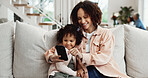 Phone, mother and child in home with smile, online game or interactive learning with parent. Mobile, girl and happy mom on sofa to play with educational gaming app, relax and daughter in family house