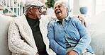 Laughing, old couple and talking on sofa for love, bonding and funny together with healthy relationship. Man, woman and happiness in home, break or rest with joke, retirement and care in living room