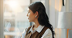 Window, thinking and businesswoman with decision in office, remembering or planning for media pitch. Business, publicist and person with ideas for pr campaign, reflection and contemplating choice