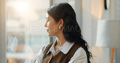 Buy stock photo Window, thinking and businesswoman with decision in office, remembering or planning for media pitch. Business, publicist and person with ideas for pr campaign, reflection and contemplating choice