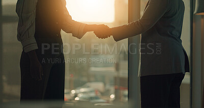 Buy stock photo Handshake, office and business people for agreement, partnership and real estate negotiation. Realtor, meeting and workers shaking hands for property investment, commercial deal and client greeting