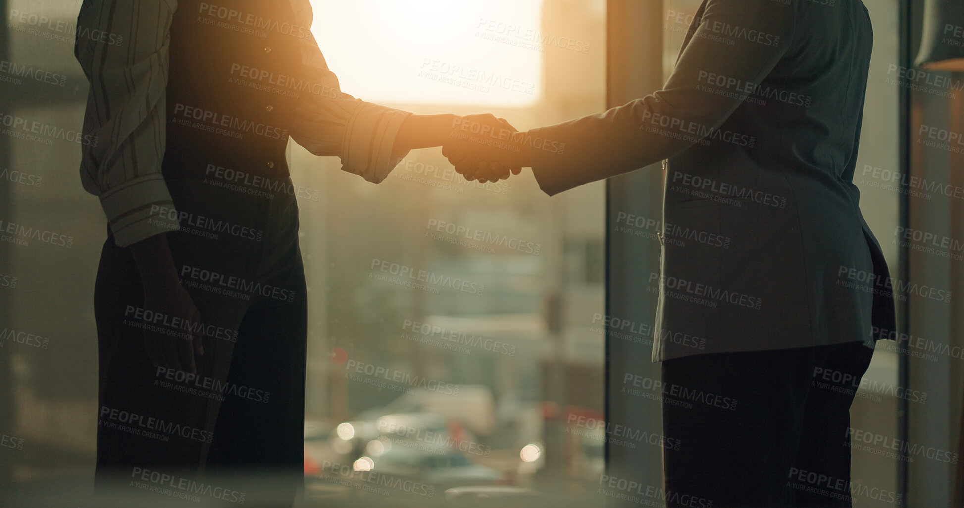 Buy stock photo Handshake, office and business people for agreement, partnership and real estate negotiation. Realtor, meeting and workers shaking hands for property investment, commercial deal and client greeting