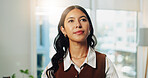 Employee, thinking and woman with decision in business, public relations or planning for assignment. Office, publicist and person with ideas for campaign, thoughts and contemplating project choice