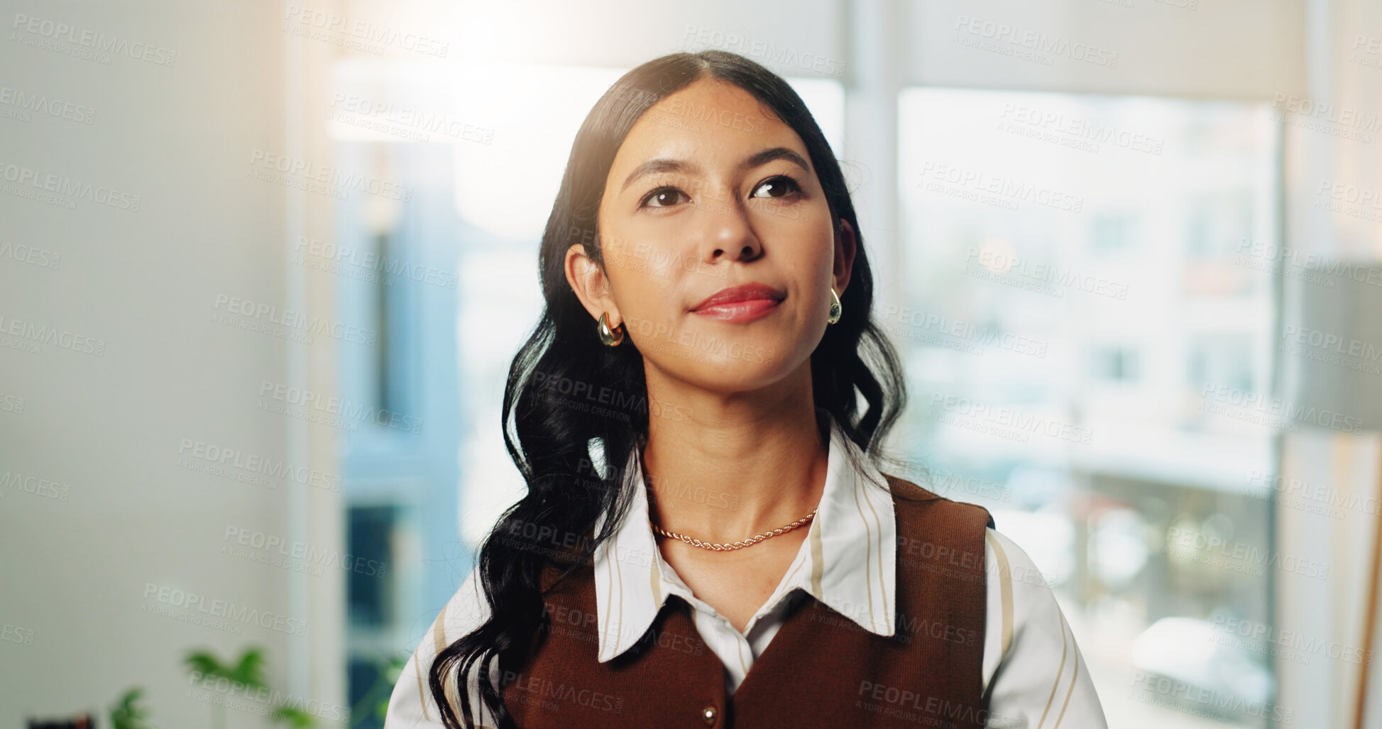 Buy stock photo Employee, thinking and woman with decision in business, public relations or planning for assignment. Office, publicist and person with ideas for campaign, thoughts and contemplating project choice