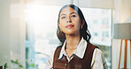 Employee, thinking and woman with decision in glass office, remembering or planning for media pitch. Business, publicist and person with ideas for pr campaign, reflection and contemplating choice