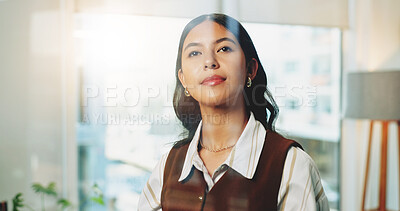 Buy stock photo Employee, thinking and woman with decision in glass office, remembering or planning for media pitch. Business, publicist and person with ideas for pr campaign, reflection and contemplating choice