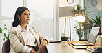 Employee, thinking and woman with laptop in office, public relations or plan for media pitch on web. Business, publicist and person with technology for campaign, reflection and contemplating decision